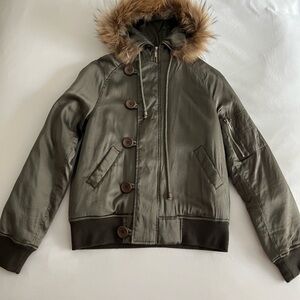 Olive Green Hooded Jacket with Faux Fur Trim